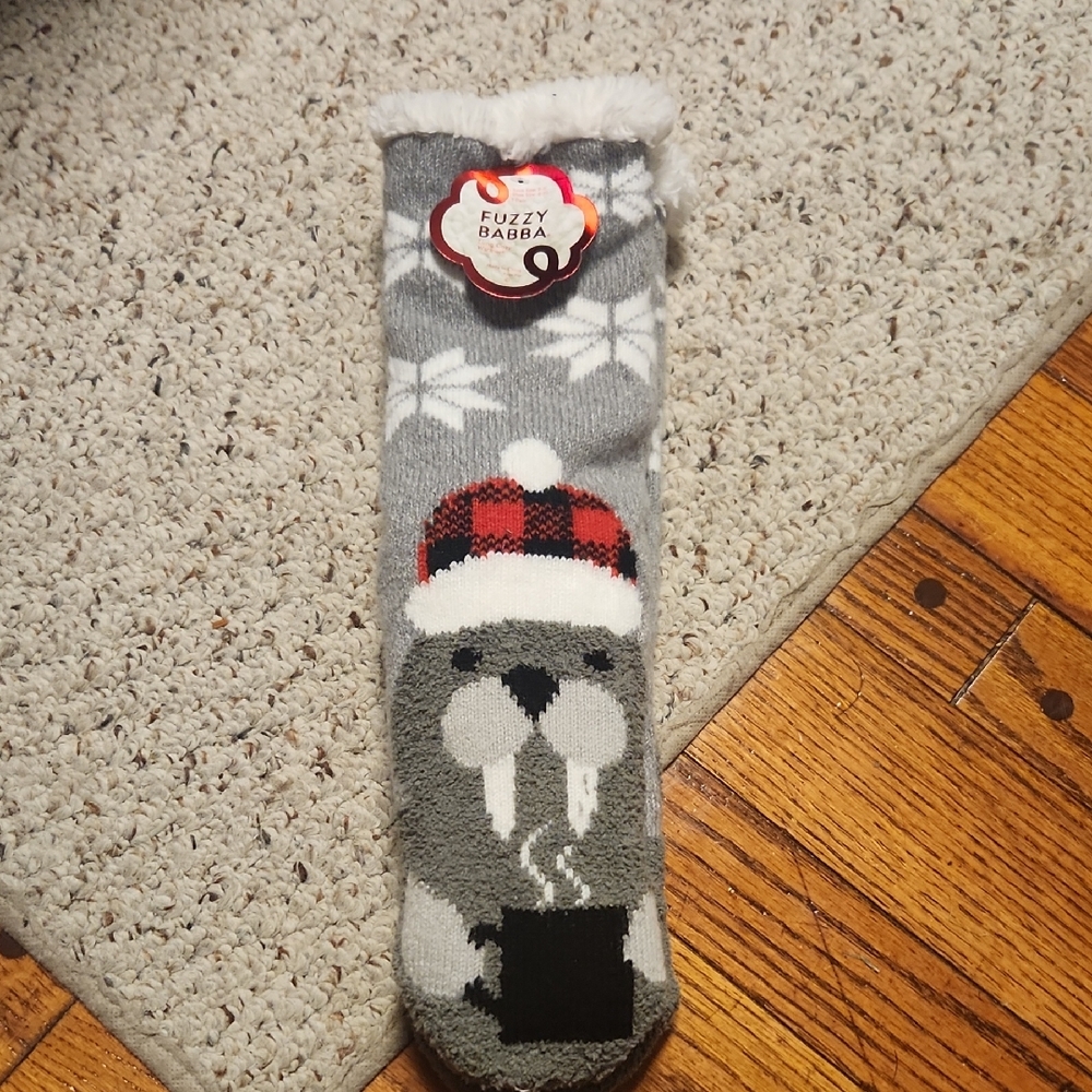 Fuzzy Babba Gray Walrus Slipper Socks- Christmas